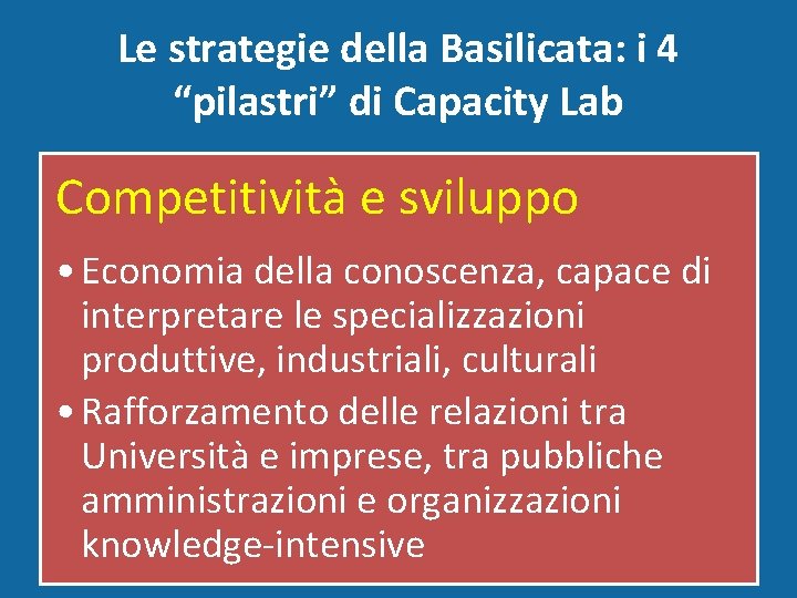 Le strategie della Basilicata: i 4 “pilastri” di Capacity Lab Competitività e sviluppo •