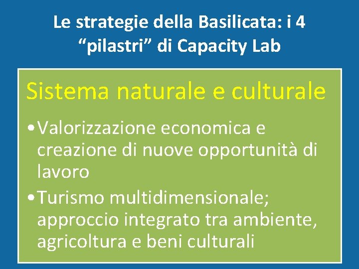 Le strategie della Basilicata: i 4 “pilastri” di Capacity Lab Sistema naturale e culturale