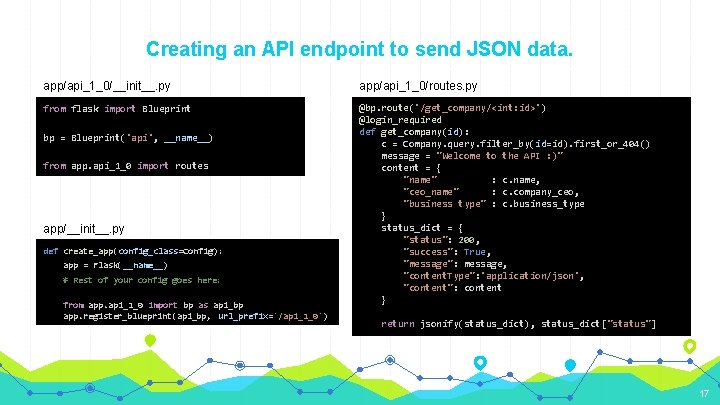 Creating an API endpoint to send JSON data. app/api_1_0/__init__. py app/api_1_0/routes. py from flask