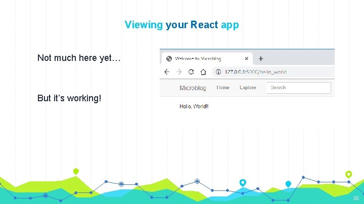 Viewing your React app Not much here yet… But it’s working! 33 