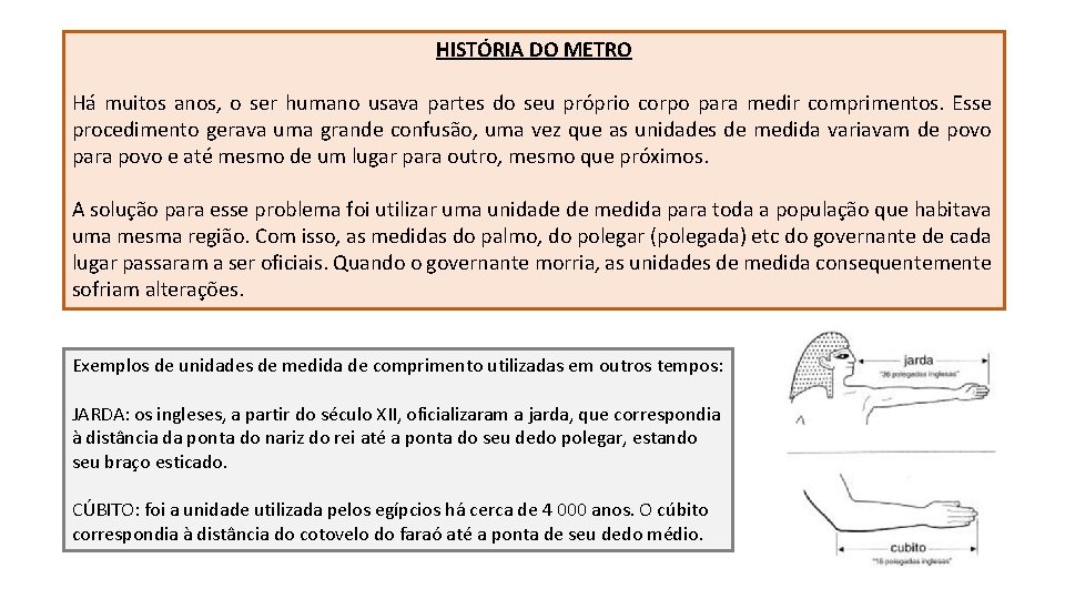 HISTÓRIA DO METRO Há muitos anos, o ser humano usava partes do seu próprio