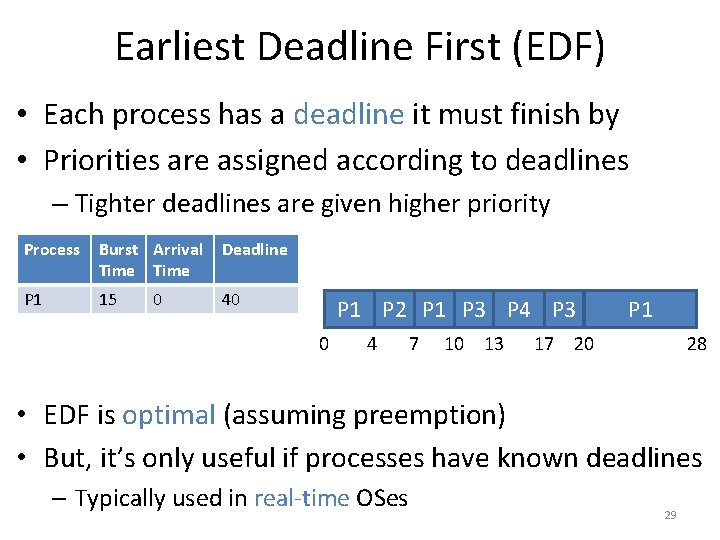 Earliest Deadline First (EDF) • Each process has a deadline it must finish by