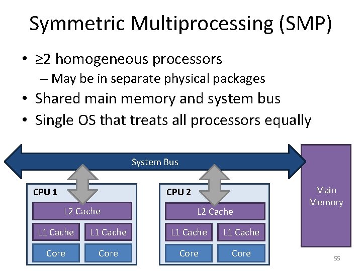 Symmetric Multiprocessing (SMP) • ≥ 2 homogeneous processors – May be in separate physical