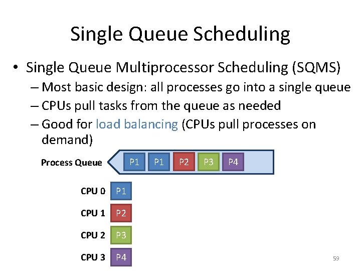 Single Queue Scheduling • Single Queue Multiprocessor Scheduling (SQMS) – Most basic design: all
