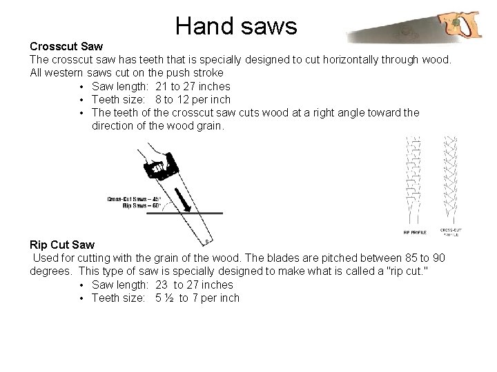 Hand saws Crosscut Saw The crosscut saw has teeth that is specially designed to