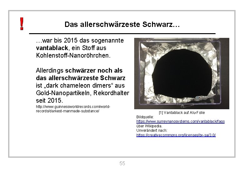 Das allerschwärzeste Schwarz… …war bis 2015 das sogenannte vantablack, ein Stoff aus Kohlenstoff-Nanoröhrchen. Allerdings