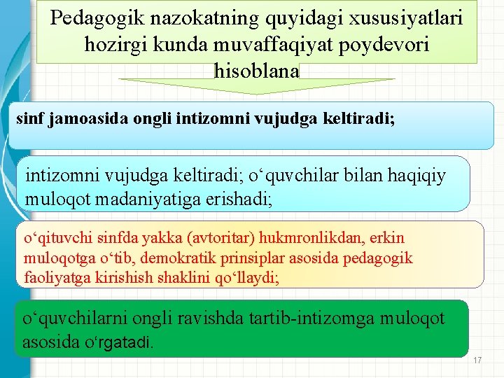 Pedagogik nazokatning quyidagi xususiyatlari hozirgi kunda muvaffaqiyat poydevori hisoblana sinf jamoasida ongli intizomni vujudga