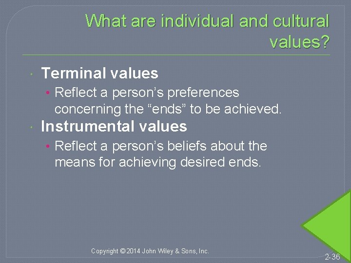 What are individual and cultural values? Terminal values • Reflect a person’s preferences concerning