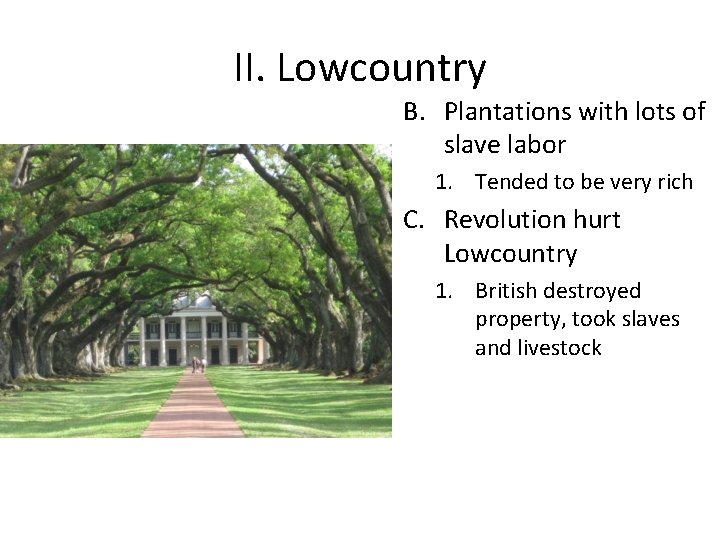 II. Lowcountry B. Plantations with lots of slave labor 1. Tended to be very