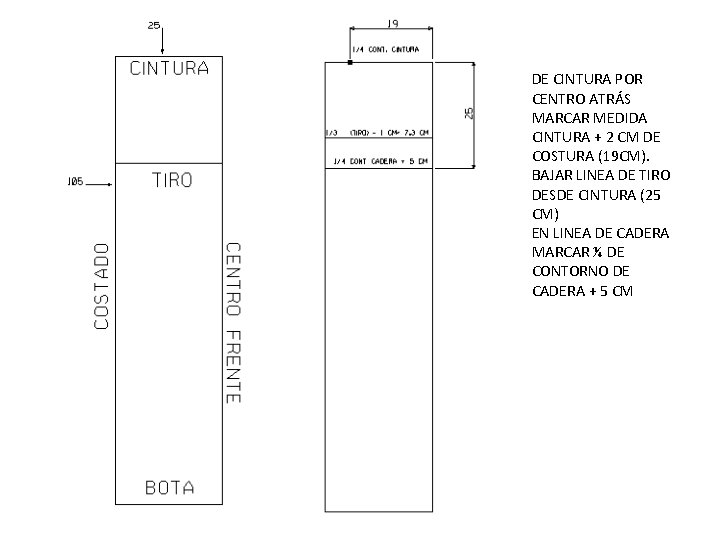 DE CINTURA POR CENTRO ATRÁS MARCAR MEDIDA CINTURA + 2 CM DE COSTURA (19