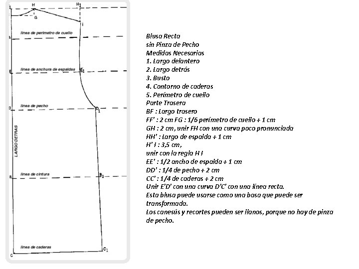 Blusa Recta sin Pinza de Pecho Medidas Necesarias 1. Largo delantero 2. Largo detrás