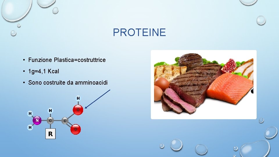 PROTEINE • Funzione Plastica=costruttrice • 1 g=4, 1 Kcal • Sono costruite da amminoacidi