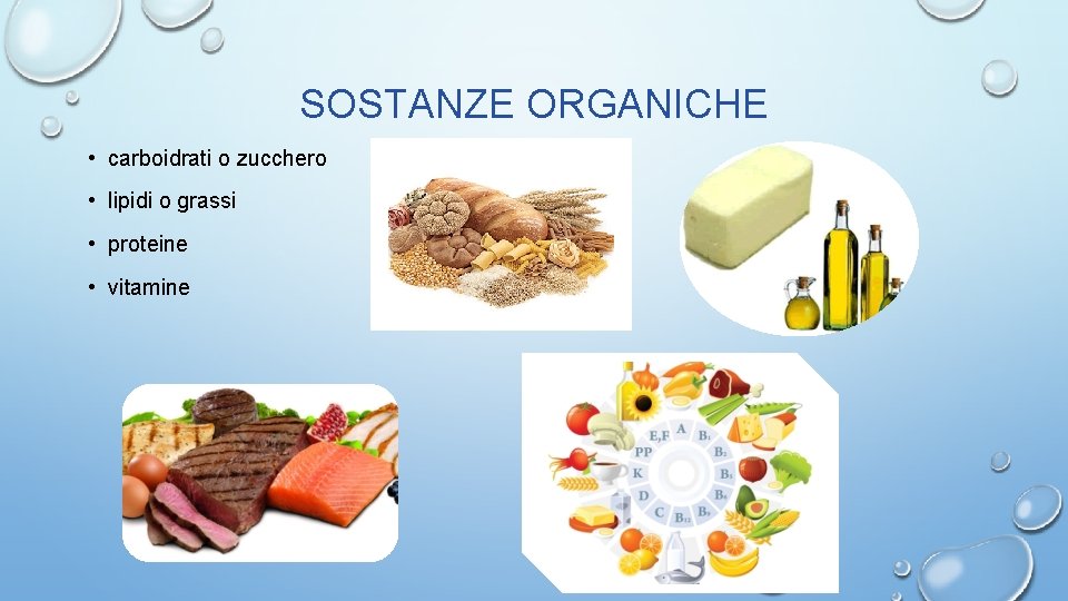 SOSTANZE ORGANICHE • carboidrati o zucchero • lipidi o grassi • proteine • vitamine