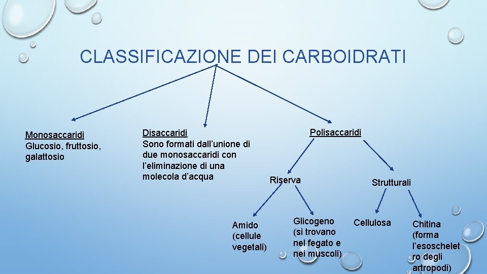 CLASSIFICAZIONE DEI CARBOIDRATI Monosaccaridi Glucosio, fruttosio, galattosio Disaccaridi Sono formati dall’unione di due monosaccaridi