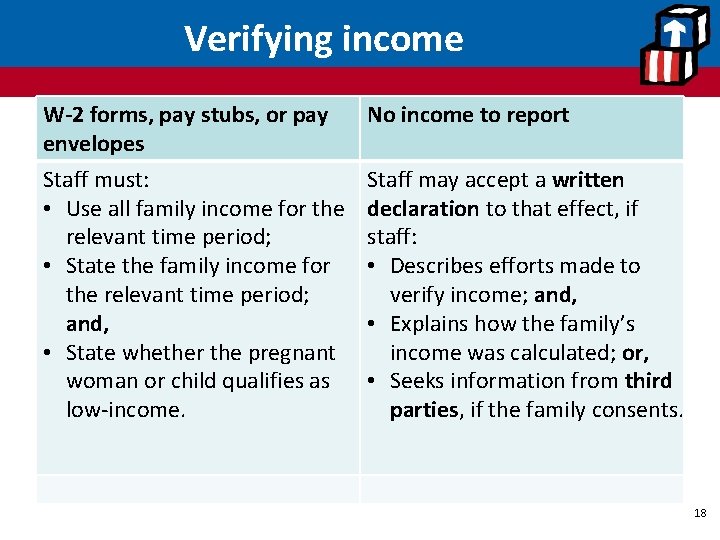 Verifying income W-2 forms, pay stubs, or pay envelopes Staff must: • Use all