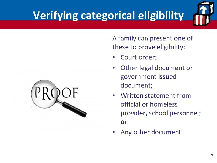 Verifying categorical eligibility A family can present one of these to prove eligibility: •