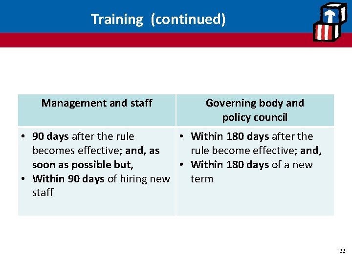 Training (continued) Management and staff Governing body and policy council • 90 days after