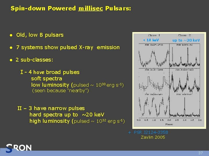 Spin-down Powered millisec Pulsars: ● Old, low B pulsars < 10 ke. V up