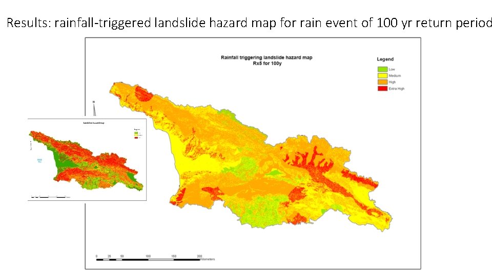 Results: rainfall-triggered landslide hazard map for rain event of 100 yr return period 