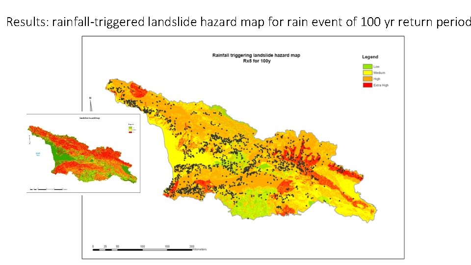 Results: rainfall-triggered landslide hazard map for rain event of 100 yr return period 