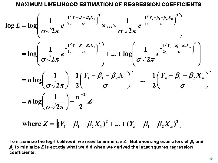 MAXIMUM LIKELIHOOD ESTIMATION OF REGRESSION COEFFICIENTS To maximize the log-likelihood, we need to minimize MAXIMUM LIKELIHOOD ESTIMATION OF REGRESSION COEFFICIENTS To maximize the log-likelihood, we need to minimize