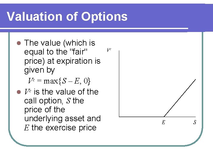 Valuation of Options The value (which is equal to the "fair" price) at expiration