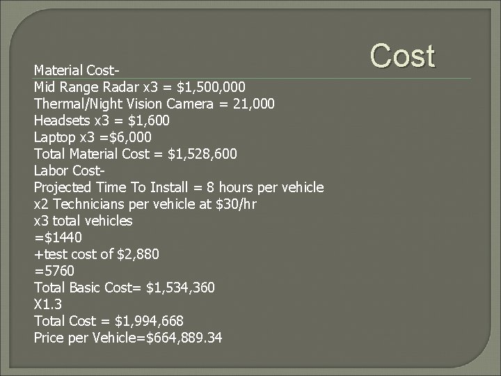Material Cost. Mid Range Radar x 3 = $1, 500, 000 Thermal/Night Vision Camera