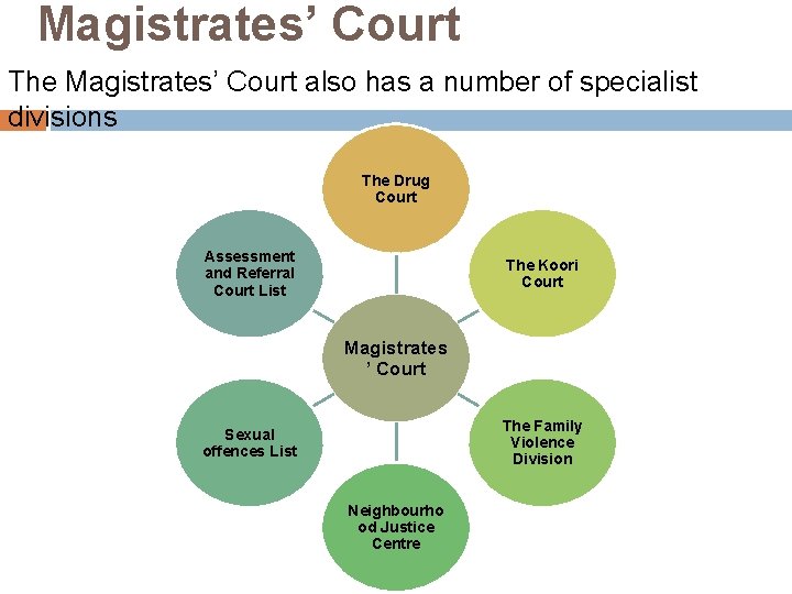Magistrates’ Court The Magistrates’ Court also has a number of specialist divisions The Drug