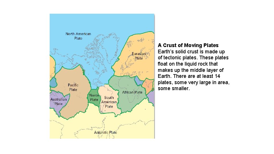 A Crust of Moving Plates Earth’s solid crust is made up of tectonic plates.