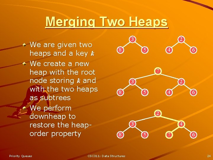 Merging Two Heaps We are given two heaps and a key k We create