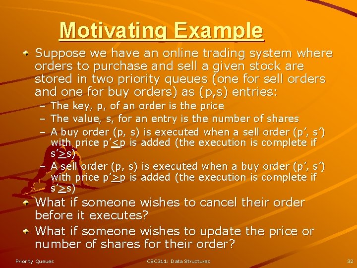Motivating Example Suppose we have an online trading system where orders to purchase and