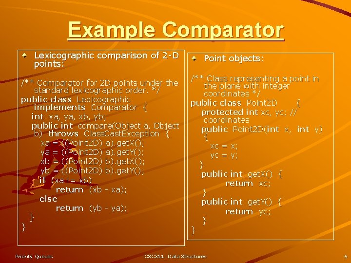 Example Comparator Lexicographic comparison of 2 -D points: /** Comparator for 2 D points