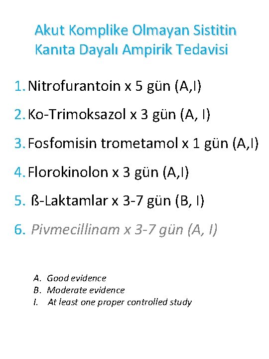 Akut Komplike Olmayan Sistitin Kanıta Dayalı Ampirik Tedavisi 1. Nitrofurantoin x 5 gün (A,