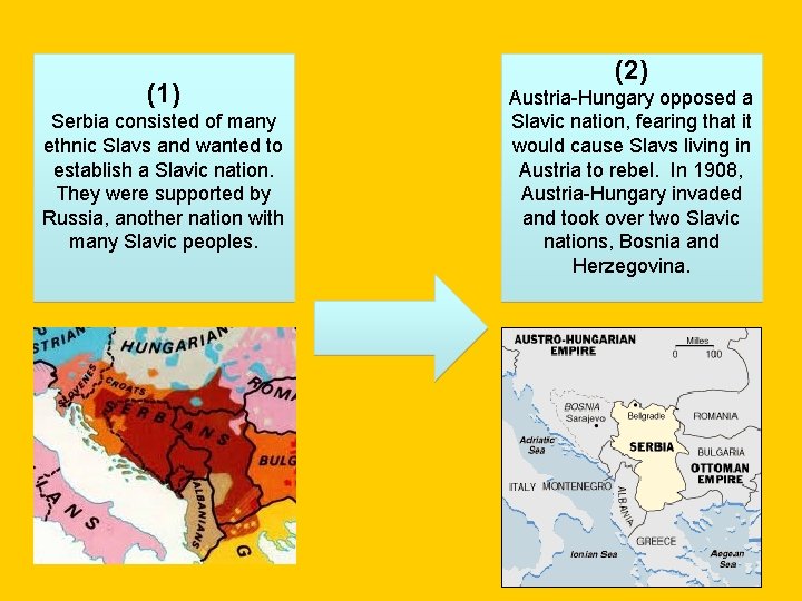 (1) Serbia consisted of many ethnic Slavs and wanted to establish a Slavic nation.