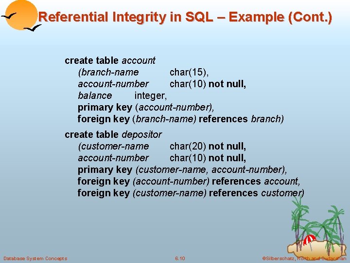 Referential Integrity in SQL – Example (Cont. ) create table account (branch-name char(15), account-number Referential Integrity in SQL – Example (Cont. ) create table account (branch-name char(15), account-number