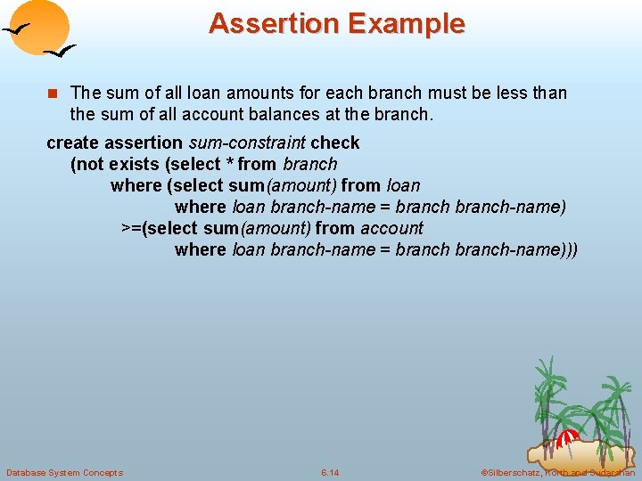 Assertion Example n The sum of all loan amounts for each branch must be Assertion Example n The sum of all loan amounts for each branch must be