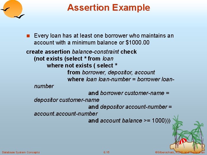 Assertion Example n Every loan has at least one borrower who maintains an account Assertion Example n Every loan has at least one borrower who maintains an account