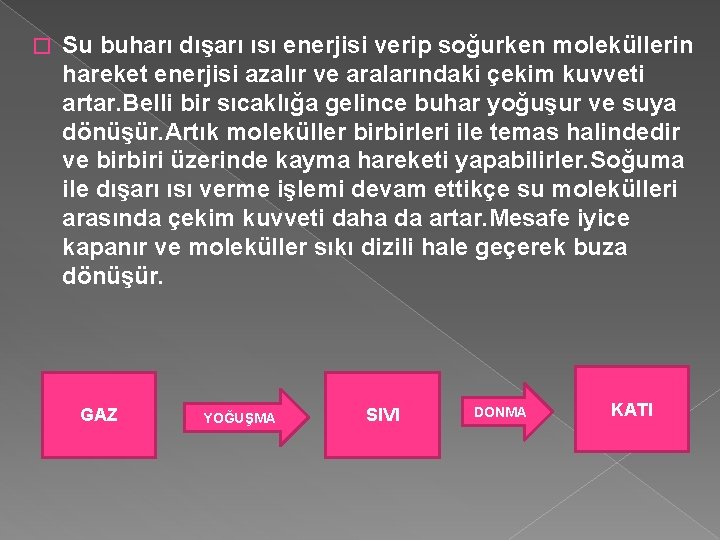 � Su buharı dışarı ısı enerjisi verip soğurken moleküllerin hareket enerjisi azalır ve aralarındaki