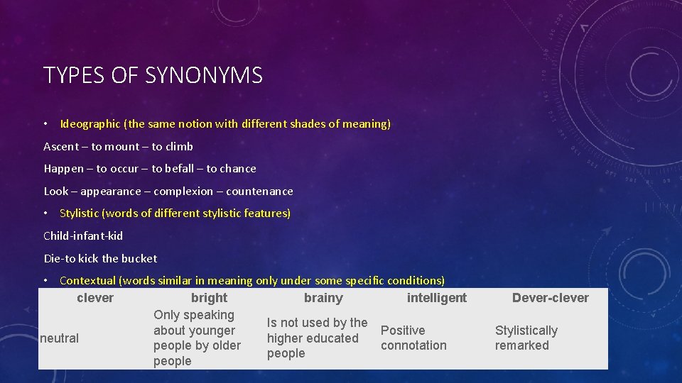 TYPES OF SYNONYMS • Ideographic (the same notion with different shades of meaning) Ascent