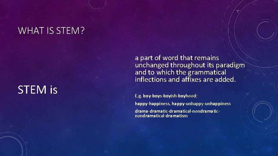 WHAT IS STEM? STEM is a part of word that remains unchanged throughout its