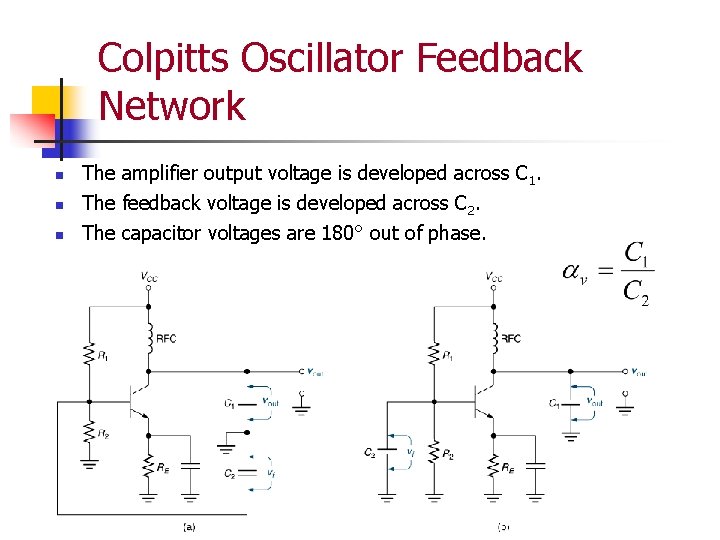 Colpitts Oscillator Feedback Network n The amplifier output voltage is developed across C 1.