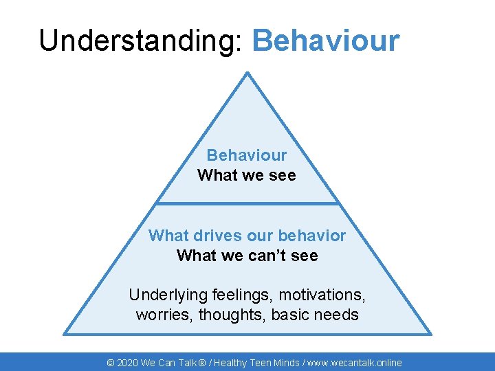 Understanding: Behaviour What we see What drives our behavior What we can’t see Underlying