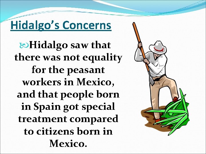 Hidalgo’s Concerns Hidalgo saw that there was not equality for the peasant workers in