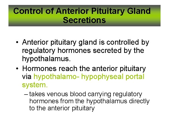Control of Anterior Pituitary Gland Secretions • Anterior pituitary gland is controlled by regulatory