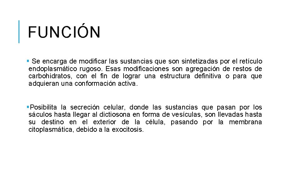 FUNCIÓN § Se encarga de modificar las sustancias que son sintetizadas por el retículo