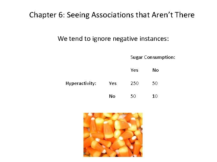 Chapter 6: Seeing Associations that Aren’t There We tend to ignore negative instances: Sugar