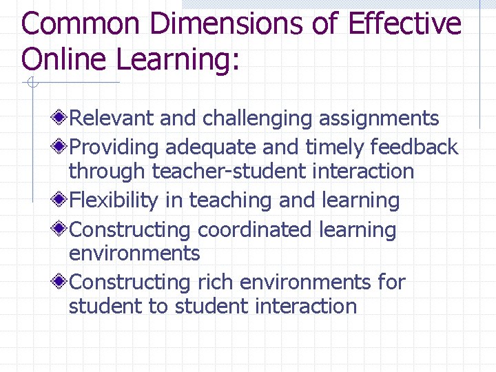 Common Dimensions of Effective Online Learning: Relevant and challenging assignments Providing adequate and timely