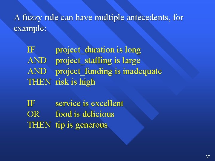 A fuzzy rule can have multiple antecedents, for example: IF AND THEN project_duration is