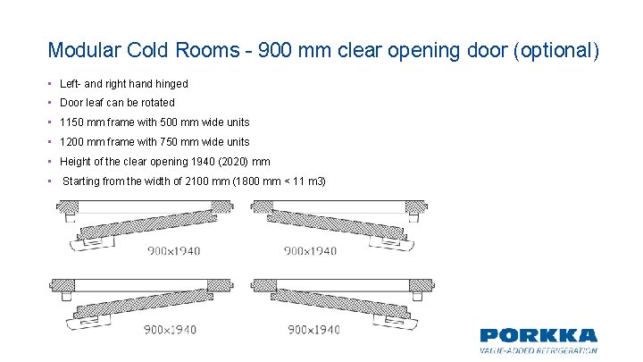 Modular Cold Rooms - 900 mm clear opening door (optional) • Left- and right Modular Cold Rooms - 900 mm clear opening door (optional) • Left- and right