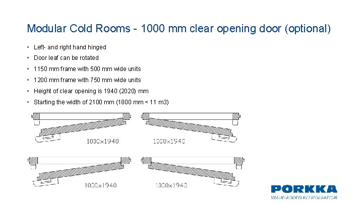 Modular Cold Rooms - 1000 mm clear opening door (optional) • Left- and right Modular Cold Rooms - 1000 mm clear opening door (optional) • Left- and right